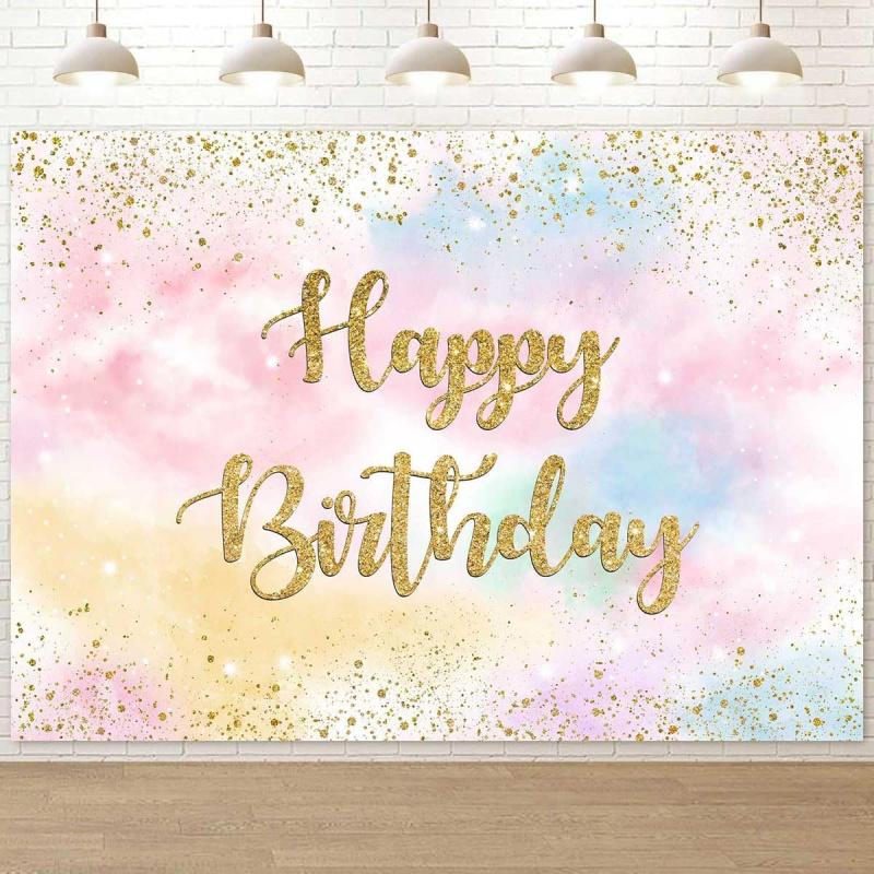 1pc Rainbow Birthday Backdrop Vibrant Pastel Clouds Birthday Party Decor Banner Shimmering Gold Dots Adorn Watercolor Rainbow Bi