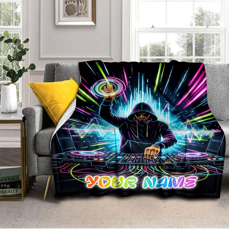 1PC Custom Name DJ Neon Lights Show flannel blanket versatile,all-season throw suitable for the living room,bedroom,camping,travel,and gift