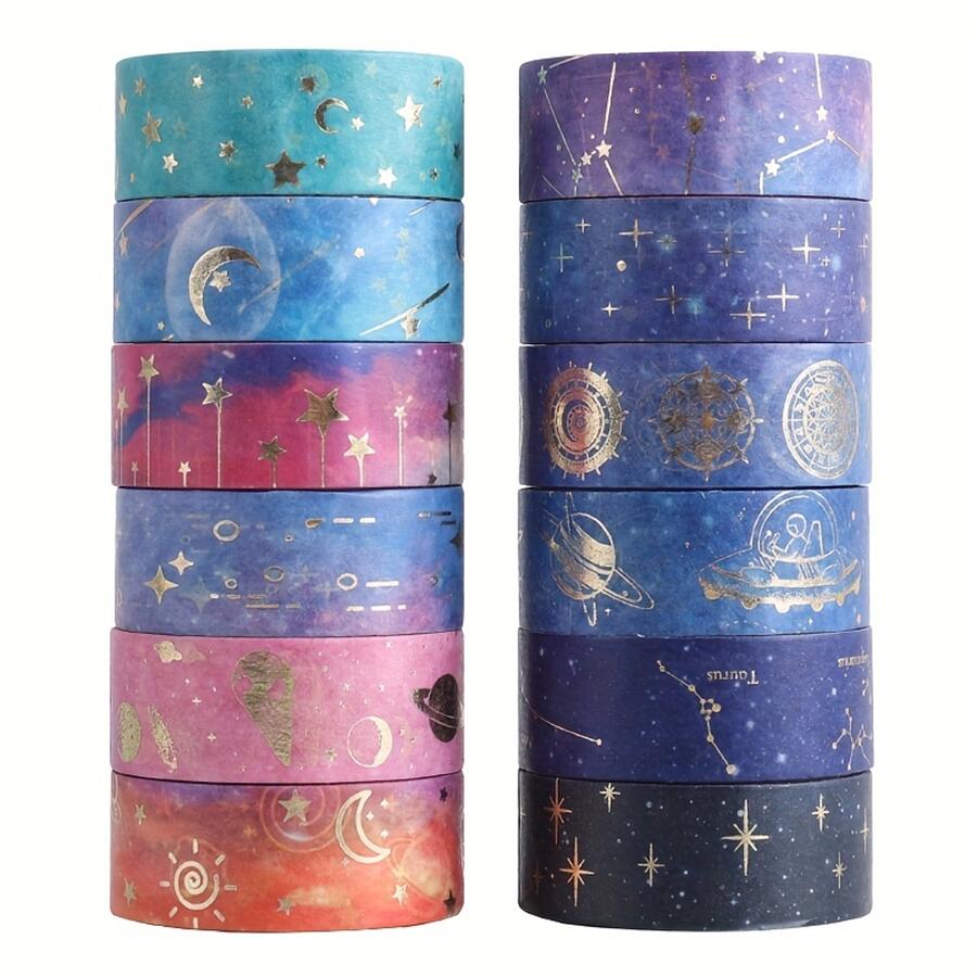 12 рулонов ленты Galaxy Washi, лента для маскировки созвездия васи из золотой фольги, луна, звезды, небесные тела, декоративная бумажная лента своими руками, Gi