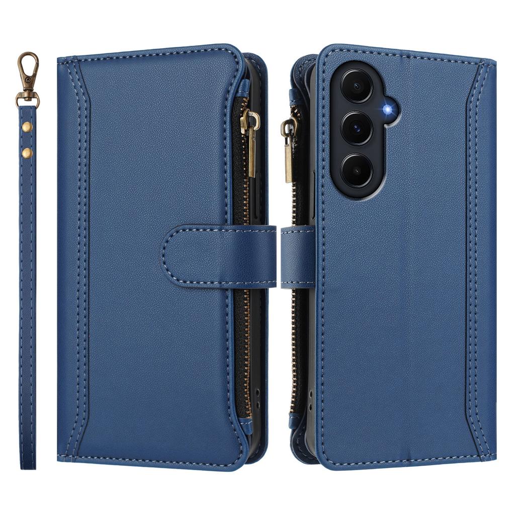 Кожаный чехол для Samsung Galaxy A55 5G с 9 отделениями для карт, кошельком на молнии, подставкой и ремешком на запястье