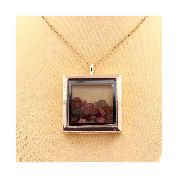 Stones and Minerals. Raw Multicolor Tourmaline Necklace. Square Model. Color Rose Gold.