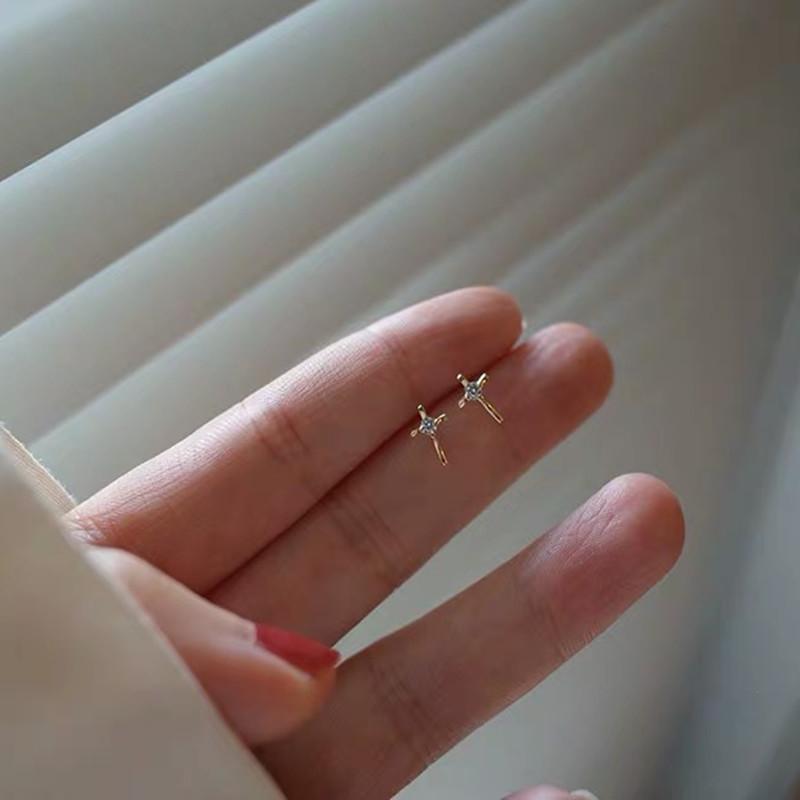 S925 Sterling Silver Cross Stud Earrings Women's Simple Mini Handmade Texture Light Luxury White Zirconium Emerald