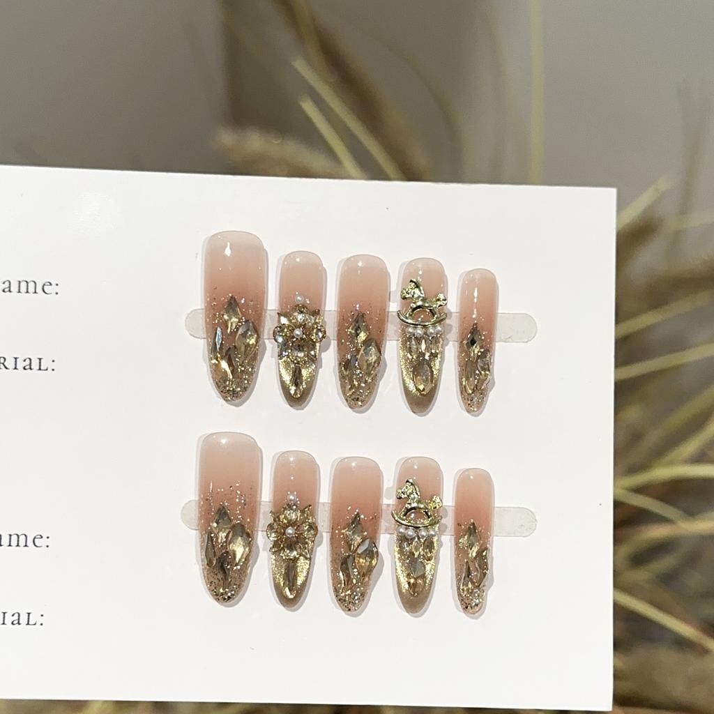 Women Press‑On Nails Pure‑Handmade Golden Shimmer Cat‑Eye European American Rhinestone Sparkle False Nail Patches