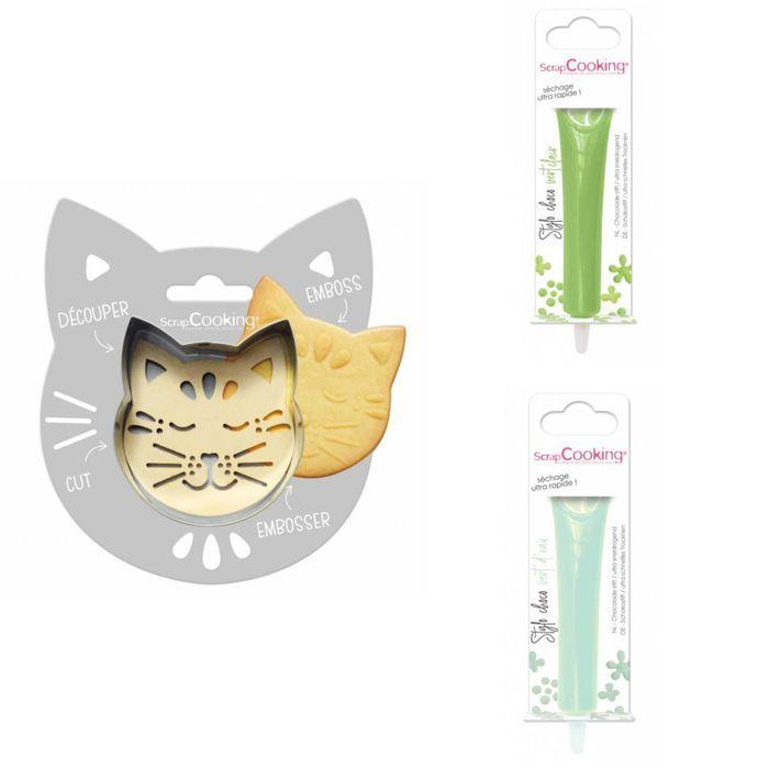 Cat Embossed Biscuit Kit + 2 Light Green and Water Green Chocolate Pens