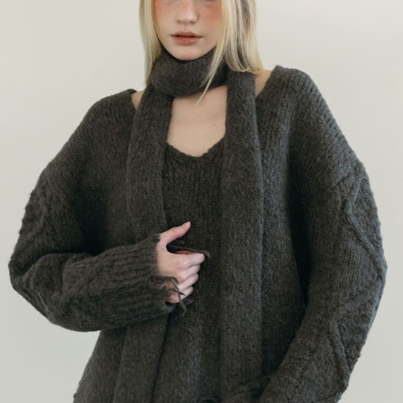 MOIFAIRE Wool KNIT MUFFLER / CHARCOAL