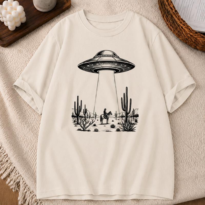 UFO Western Cowboy TShirt Summer Casual Short Sleeve Top Vintage UFO Cowboy Shirt Gift Tee Y2K Retro 90s Western TShirt