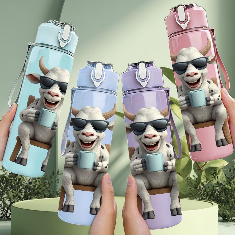 1PC Cool Bull Cow Cartoon 750ml Color Plastic Sports Water Bottle Leakproof Flip Straw Lid Suitable for Sports Office Home Use