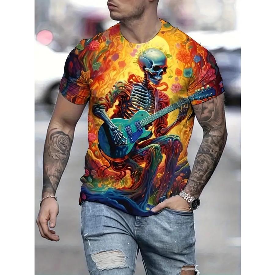 Men's Skeleton & Guitar Pattern Crew Neck T-shirt Dragon 3d Print Casual Comfy Tees Tshirts for Summer Men's Clothing