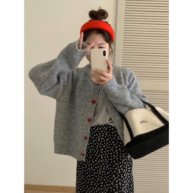 Милый мягкий восковой кардиган с вязаным узором и пряжкой-сердечком, женский, новый, осенне-зимний, свободный, модный, омолаживающий, с круглым вырезом, куртка-свитер