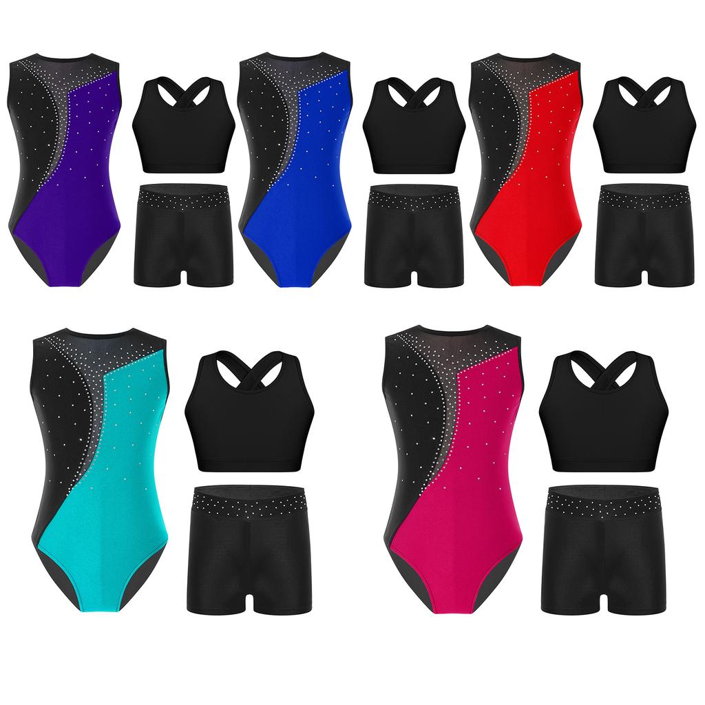 Girls Sleeveless Dance Set Shiny Rhinestone Contrast Color Gymnastics Leotard with Shorts and Top