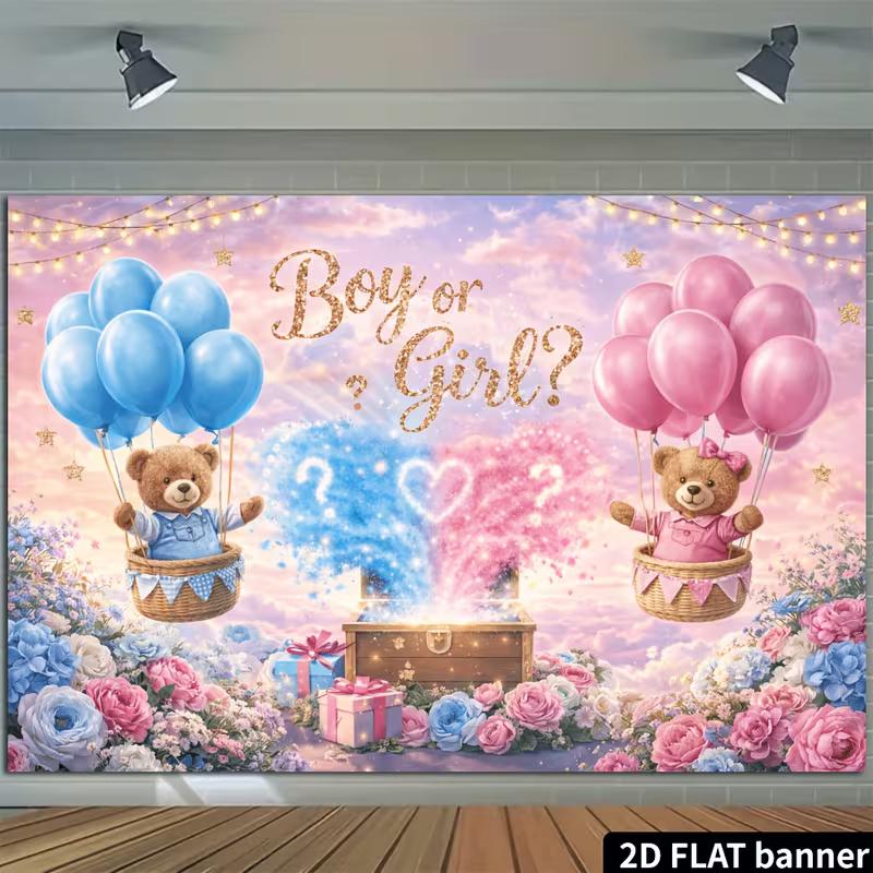 2D Baby Shower Banner Backdrop, 2D Flat Printing Blue Pink Bear Party Background