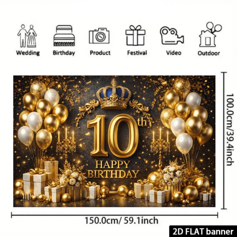 2D luxurious birthday themed background fabric with golden crown, number 10, and birthday cake