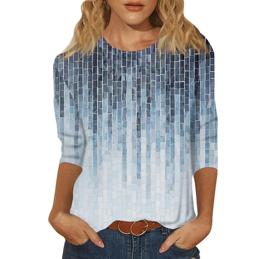 Women's Summer Fashion Casual Seven Quarter Sleeves Floral Printed Round Collar High Quality Pullover Top Female Clothes