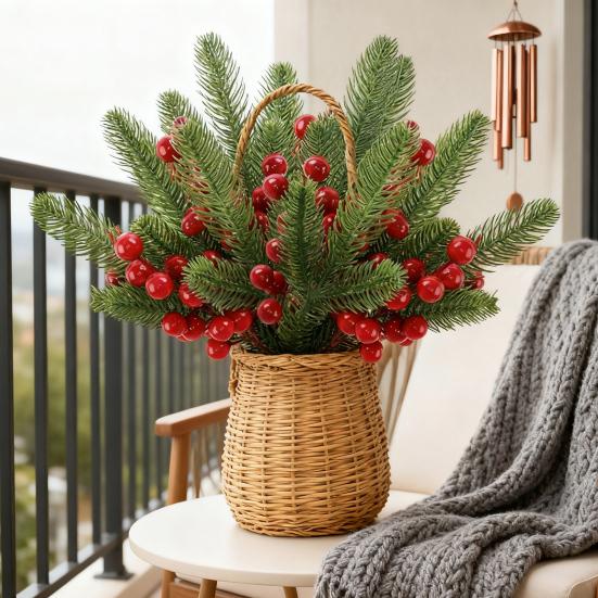 Рождественские сосновые ветки с красными ягодами Искусственные стебли зелени для дерева Цветочные композиции Домашний офис Праздничное украшение для центра стола