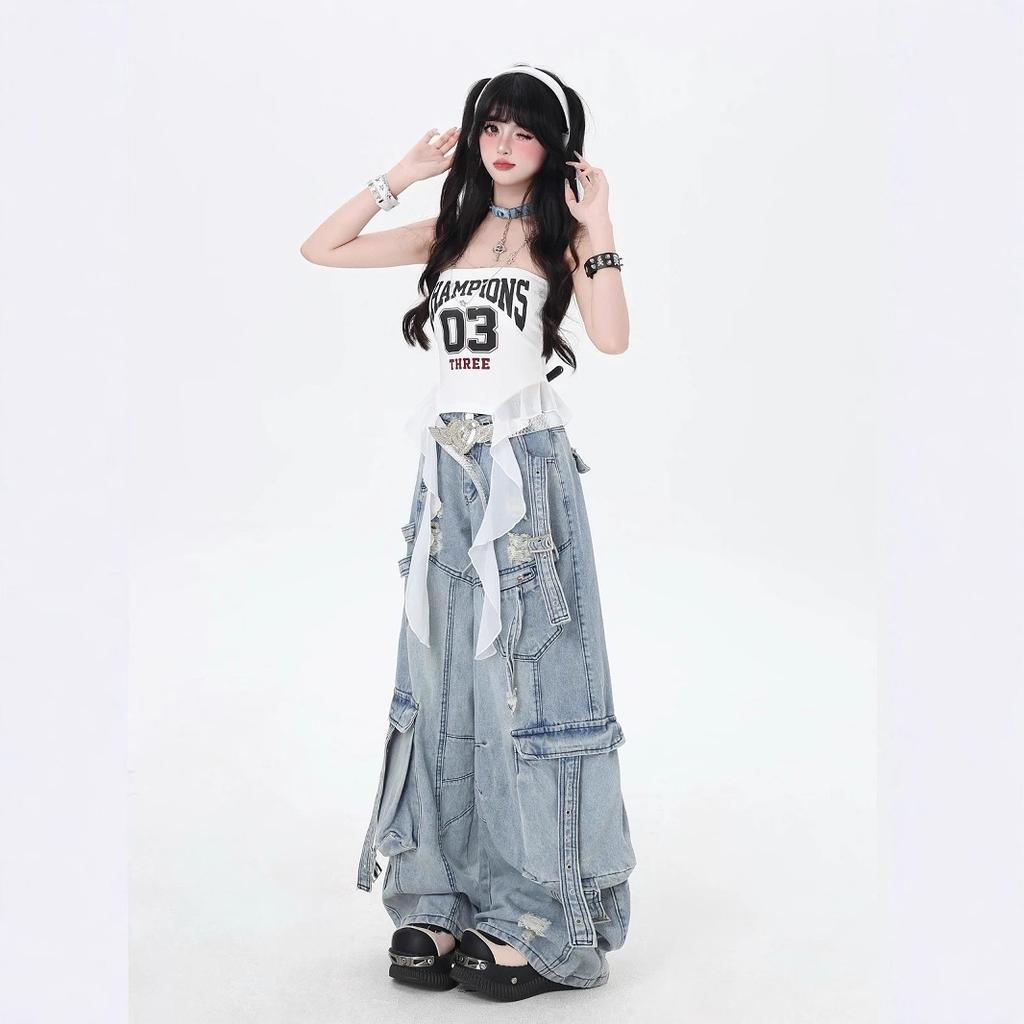 Heavy Industry Design Deconstruction Ribbon Ripped Blue Jeans Women's Spring New Multi-pocket Wide-leg Overalls