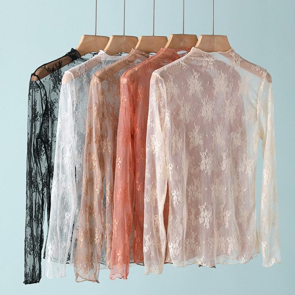 Long Sleeve Lace Bottomed Blouse Hollow Lace Floral Shirts Elegant See Through Tops Girls