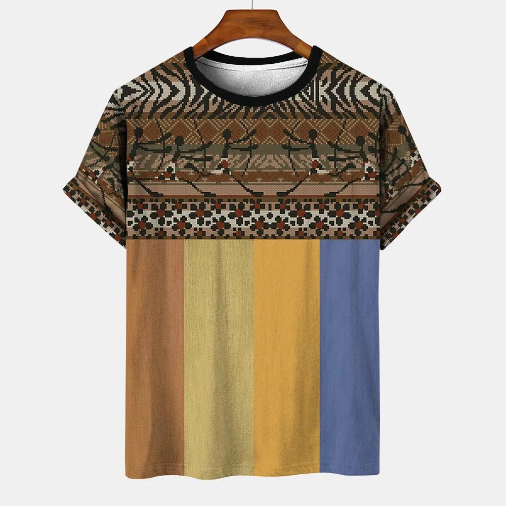 Геометрический полосатый узор, летний напечатанный высококачественный мужской топ, повседневный, простой, повседневный, модная рубашка свободного покроя с круглым вырезом и коротким рукавом