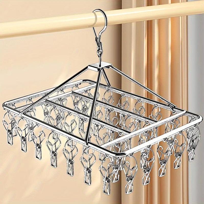 Stainless Steel Sock Drying Rack with 20 Clips - Windproof Clothing Hanging Storage Rack - Space-saving Hanger for Bedroom, Bathroom, Wardrobe, Home