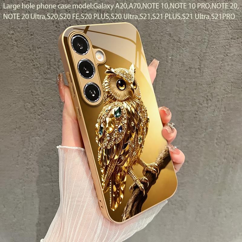 2D чехол для телефона с узором 'Сова и драгоценные камни' для Samsung S26 S25 S24 S23 S22 S21 S20 A56 A36 A16 - Золотой стеклянный защитный чехол