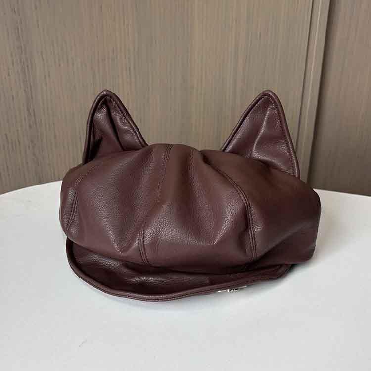 Vintage PU leather cat ears octagonal hat female autumn and winter cute painter hat versatile cloud bud hat