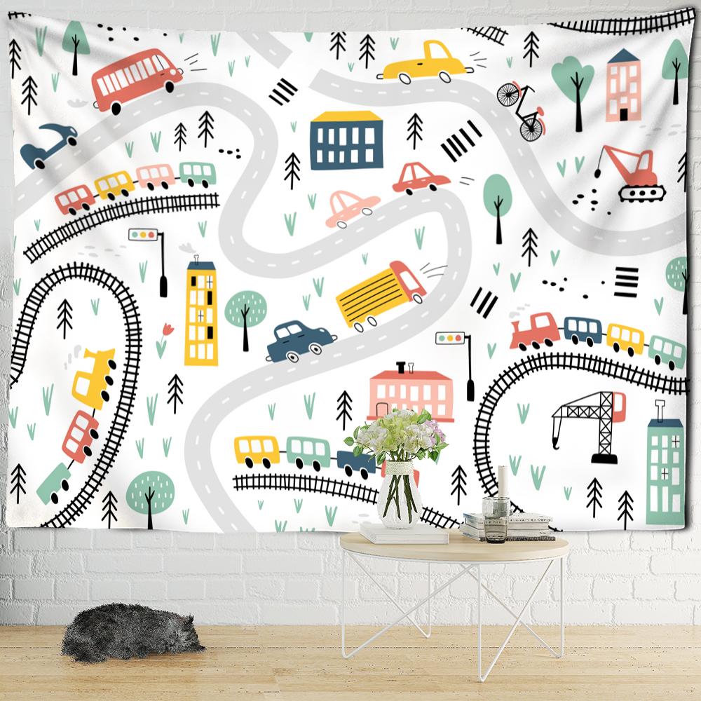 Гобелен с мультяшным поездом и животными, настенный гобелен Kawaii, милый бохо-арт, минималистичный хиппи для девочек, общежитие, декор для детской комнаты, ткань