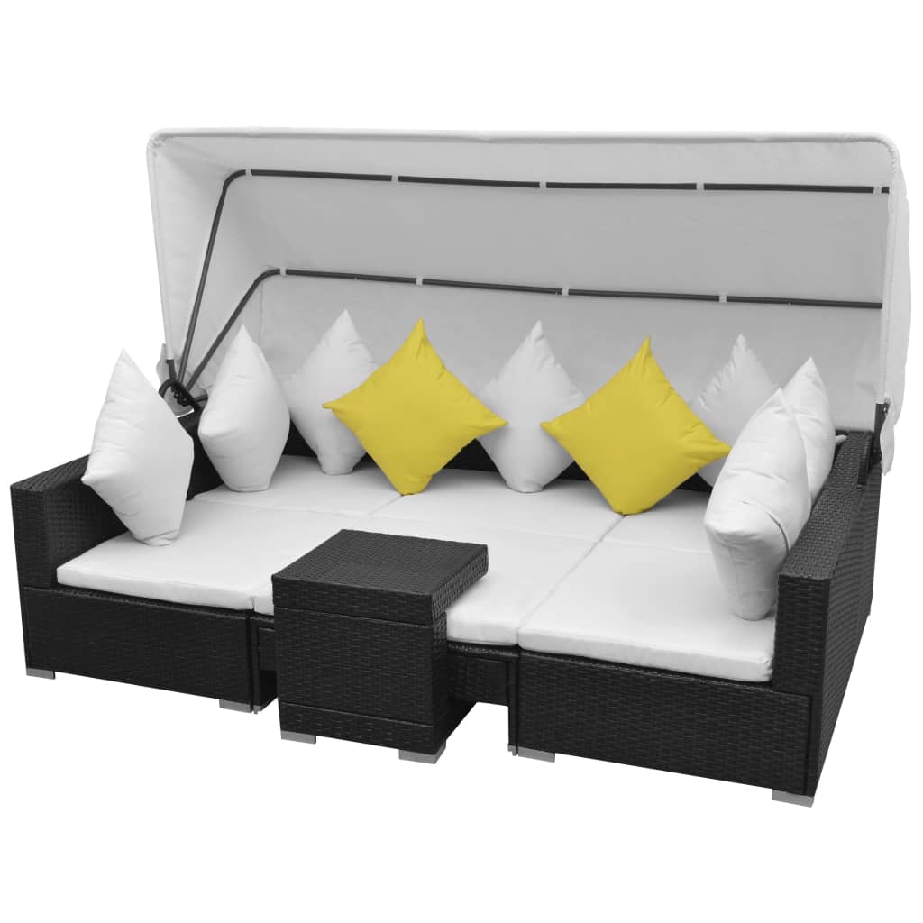 7 Piece Garden Lounge Set with Sun Canopy Poly Rattan Black