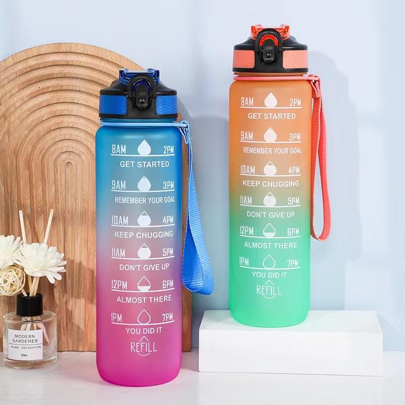 1000ml Large Capacity Gradient Water Bottle with Straw 1 Litre Leakproof with Time Marker,for Sports Fitness