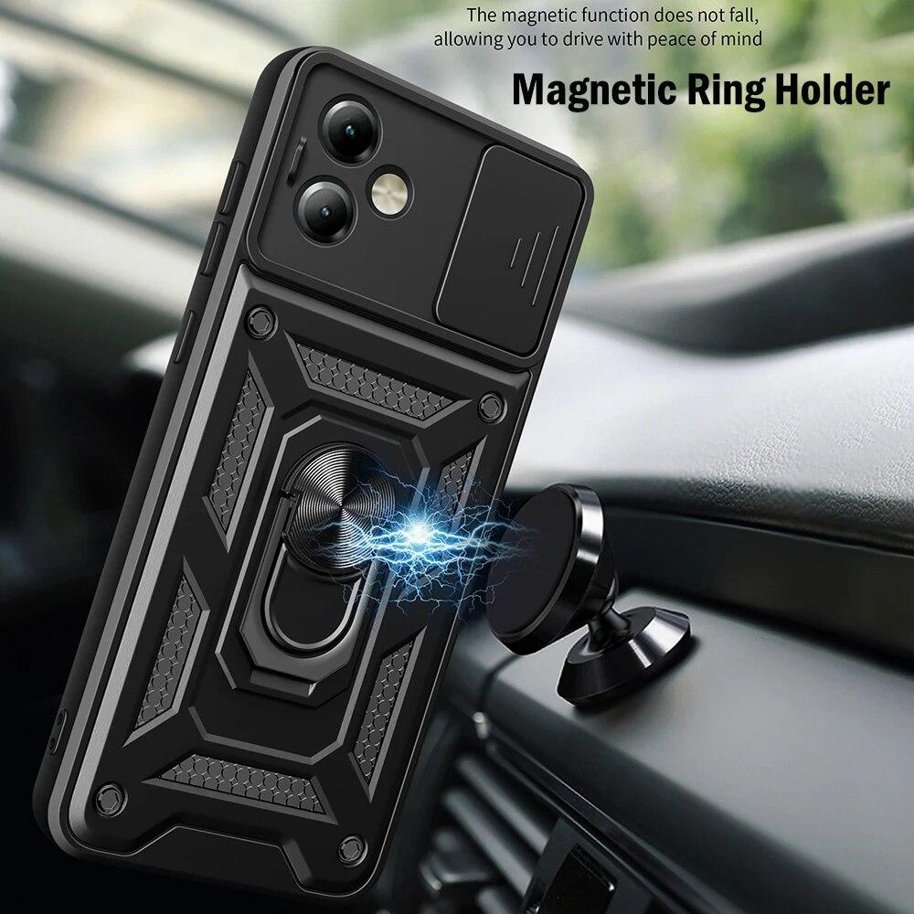 For Motorola Moto G14 4G G54 G84 5G Slide Lens Camera Protection Shockproof Armor Case for Moto Edge 40 Pro Neo 30 Ultra Magnetic Ring Holder Cover