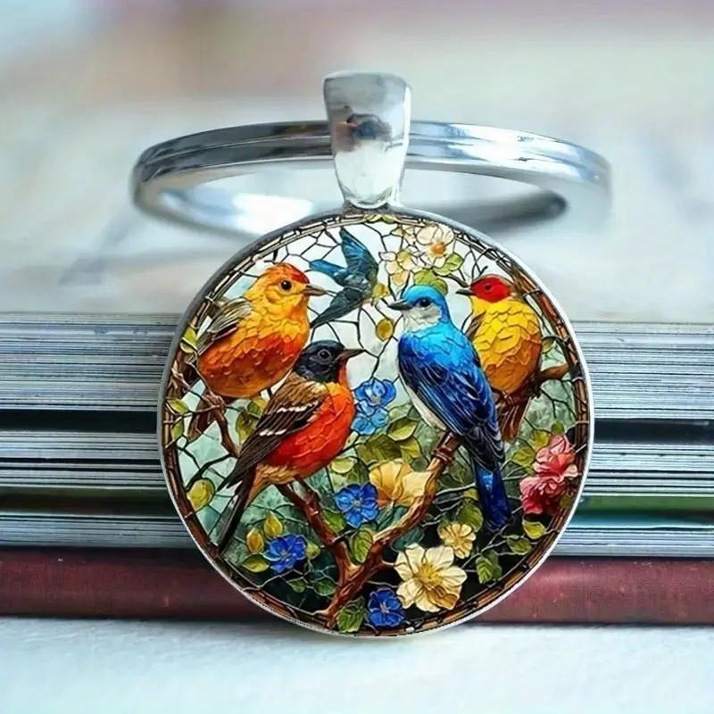 Watercolor Bird Group Glass Keyring With Alloy Material For Gift And Everyday Use