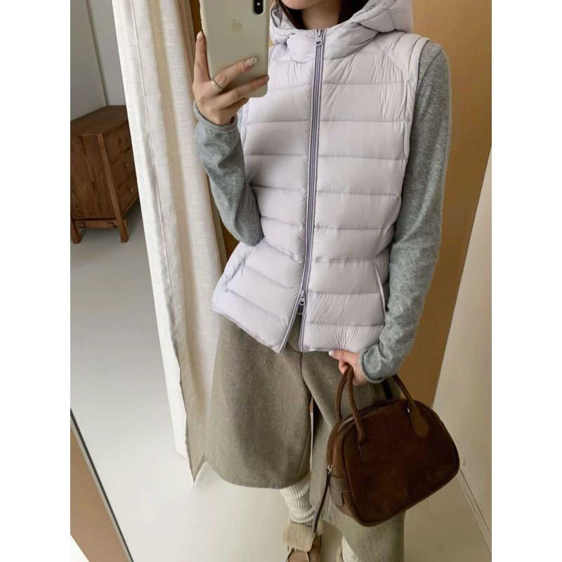 Womens Lightweight Hooded Down Vest 90% White Duck Slim Fit Short Puffer Jacket Winter Daily Wear