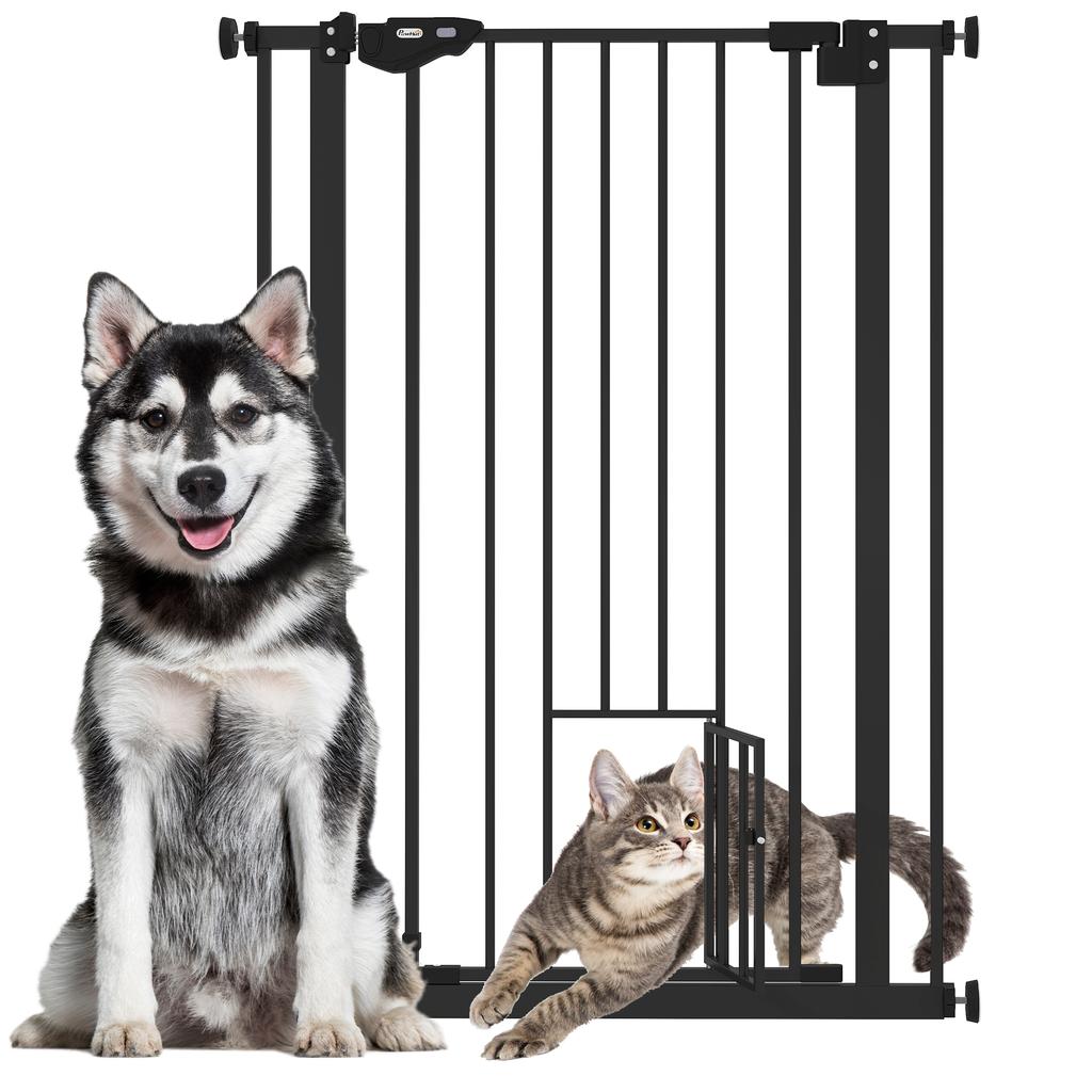 Extra Tall Pet Gate Indoor Dog Safety Gate With Cat Flap Auto Close 74 80 Cm Wide Black