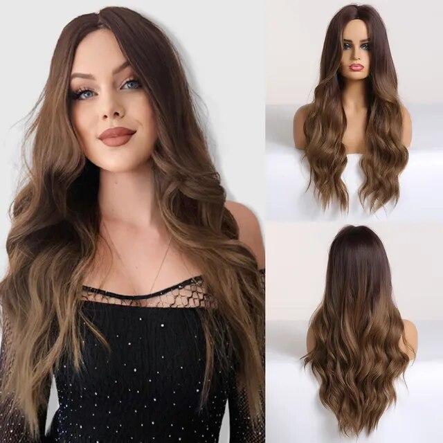 Длинные коричневые синтетические парики с эффектом омбре для женщин, волнистые парики из натуральных волос, средняя часть, женский парик, косплей, термостойкие волокна, парики