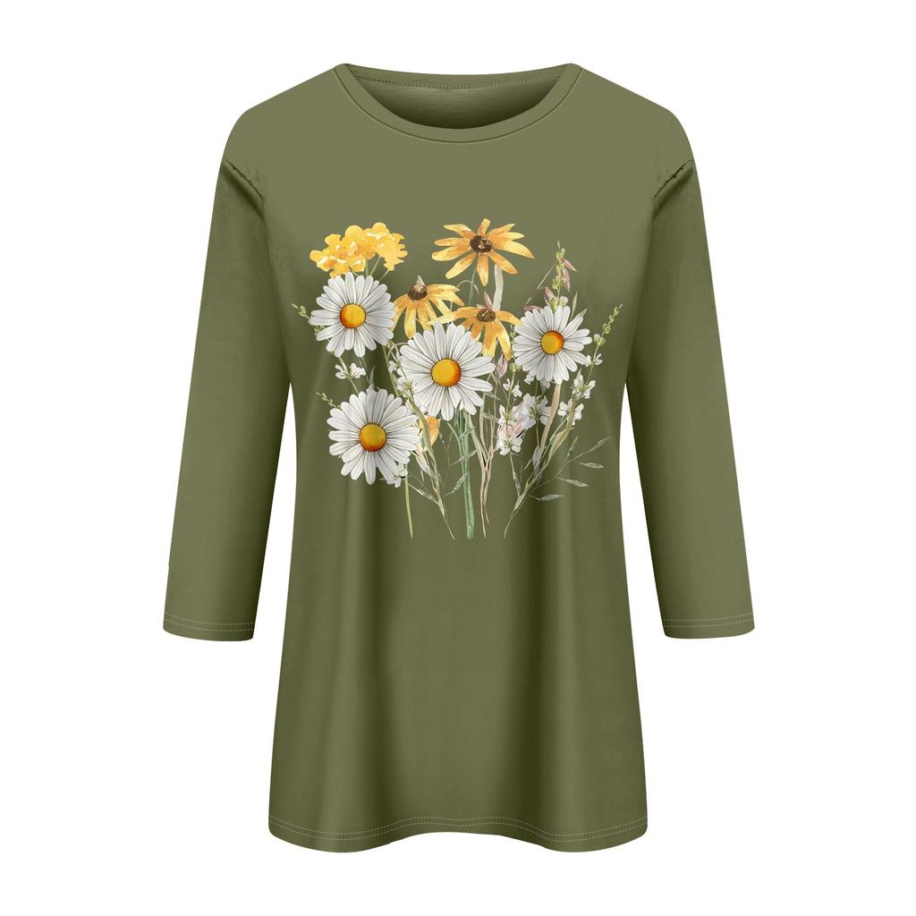 Women's Fashion Casual Printed Seven Sleeve Round Neck Top