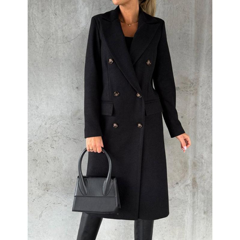 Осеннее длинное свободное шерстяное пальто для женщин, однотонное, средней длины, двубортное, с карманами, женская зимняя куртка, модные повседневные женские пальто больших размеров 24906