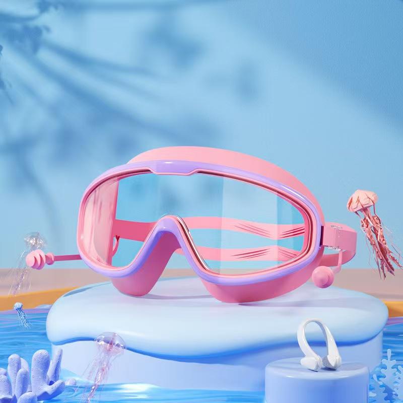 Children's Swimming Goggles with Large Frame Waterproof and Anti Fog High-definition Protective Glasses Including Earplugs