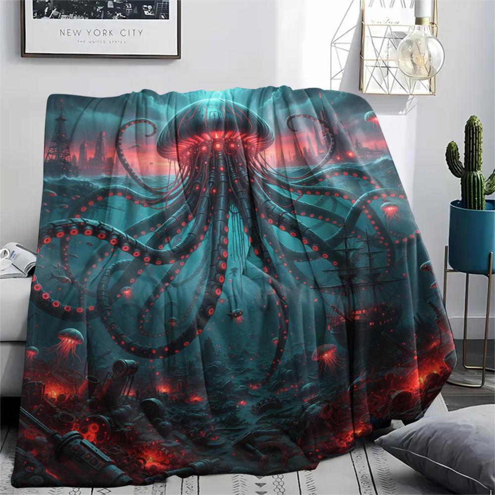 Red mechanical squid seahorse Print Flannel Blanket,High quality Comfortable for All Seasons,Home Decor,Warmth and Comfort,Perfect for Christmas Gifts