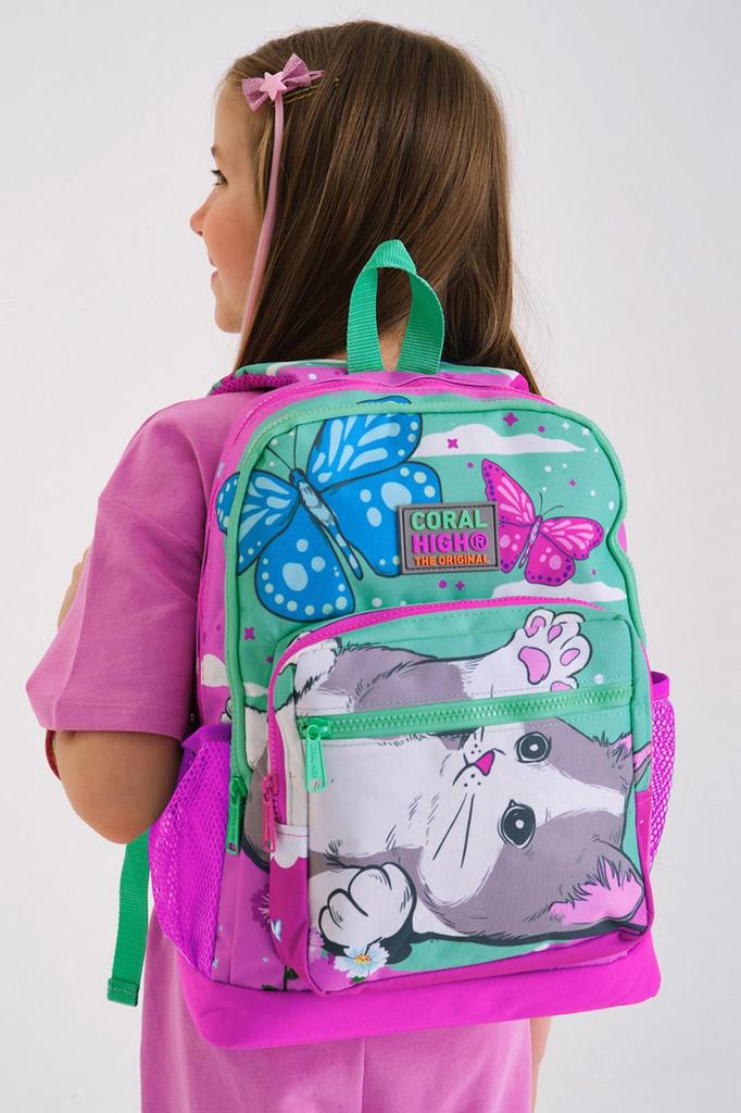Детский школьный рюкзак с четырьмя отделениями Coral High Kids Water Green Pink Cat Patterned 23707