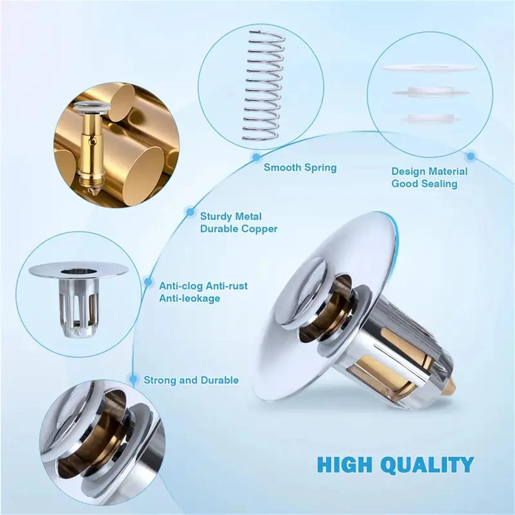 Universal Rebound Drain Plug Filter Basin Pop-up Chrome Sink Filter with Hair Catcher Bathroom Sink Drain Stopper Easy Push Type