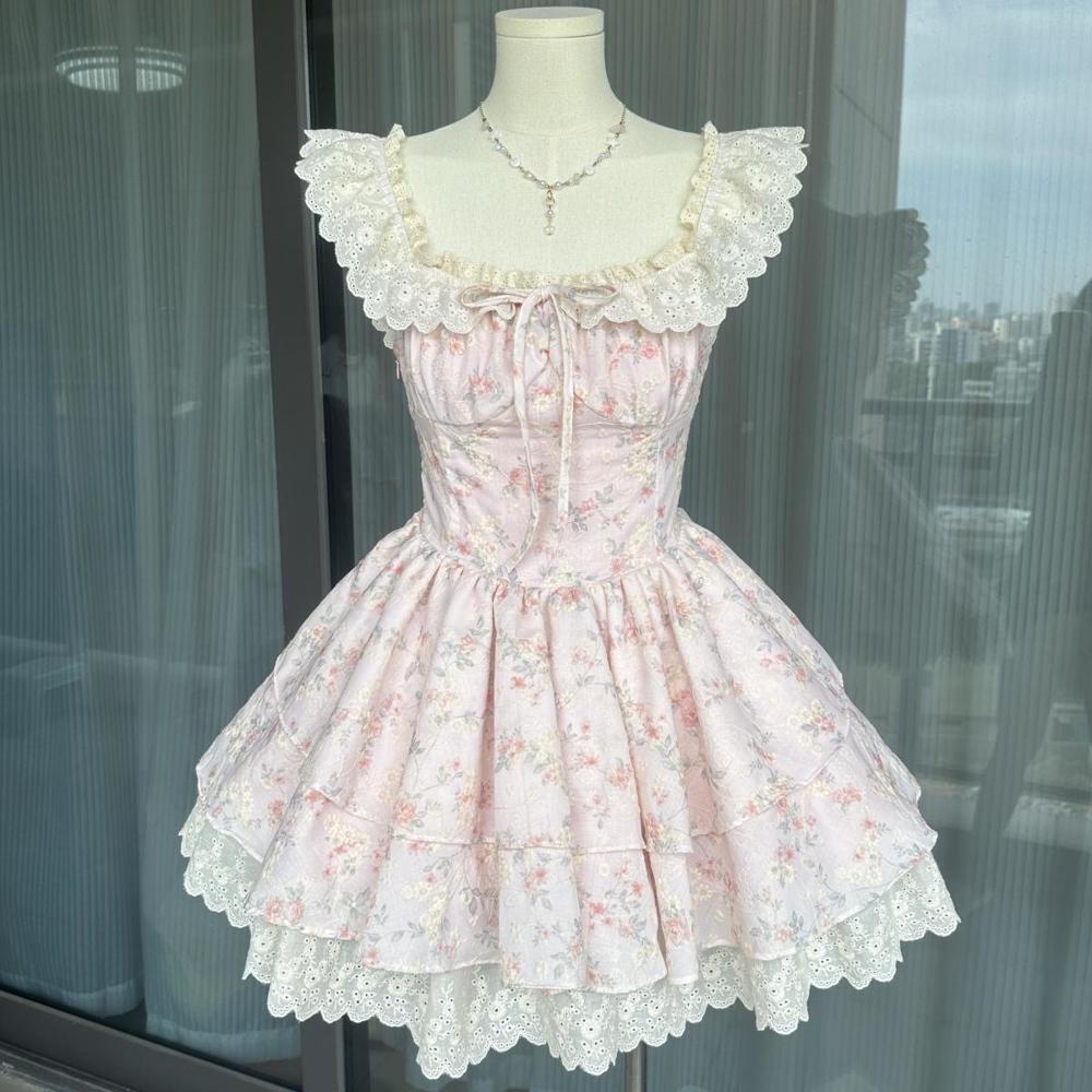 French Sweet Small Flying Sleeve Floral Dress Women's Summer Casual New Small Waist Princess Fluffy Short Dress