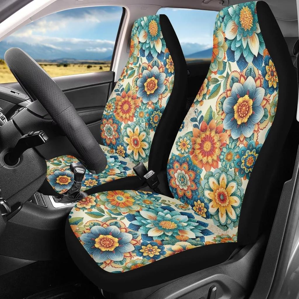 Чехлы на сиденья автомобиля Bulopur Black Boho Цветочные, Только для передних сидений, для женщин и мужчин, с карманом-органайзером, для автомобилей, внедорожников, грузовиков, седанов