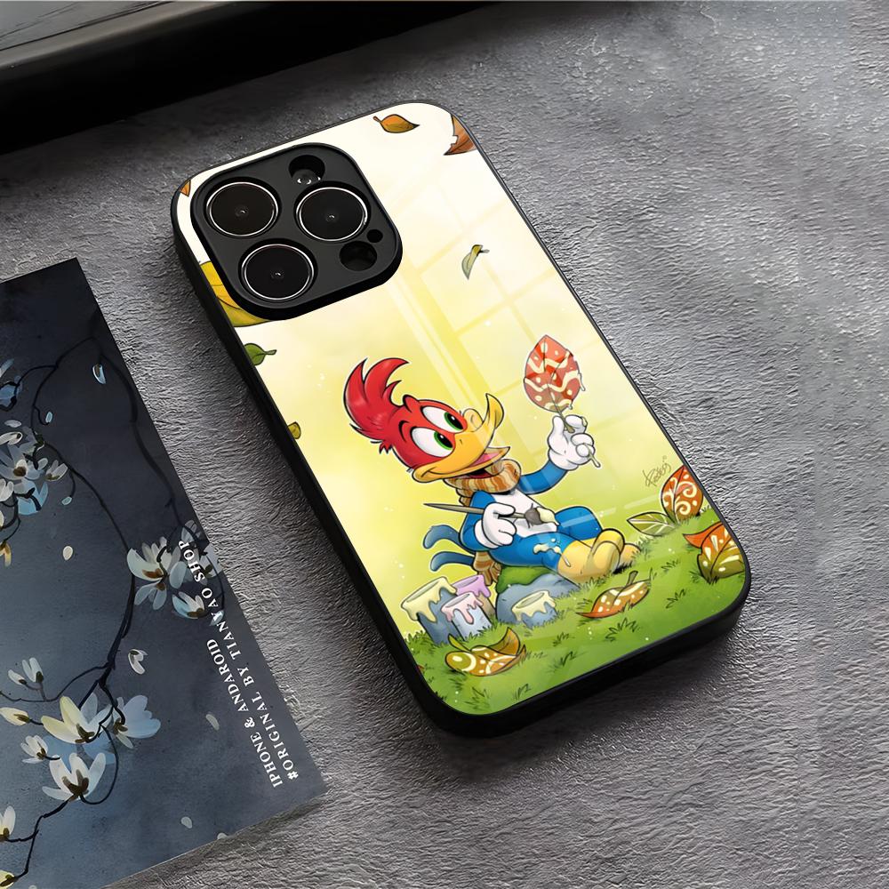 Чехол для телефона Дятел Вуди для iPhone 17 Air 16 E Pro Max 15 14 13 Mini 12 Pro 11 Max Plus Черная Стеклянная Крышка
