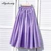 Korean Style Spring Summer Women Solid A-Line Skirt Elastic Waist Purple Loose Skirt Cotton Linen Simple Ladies' Skirts Womens