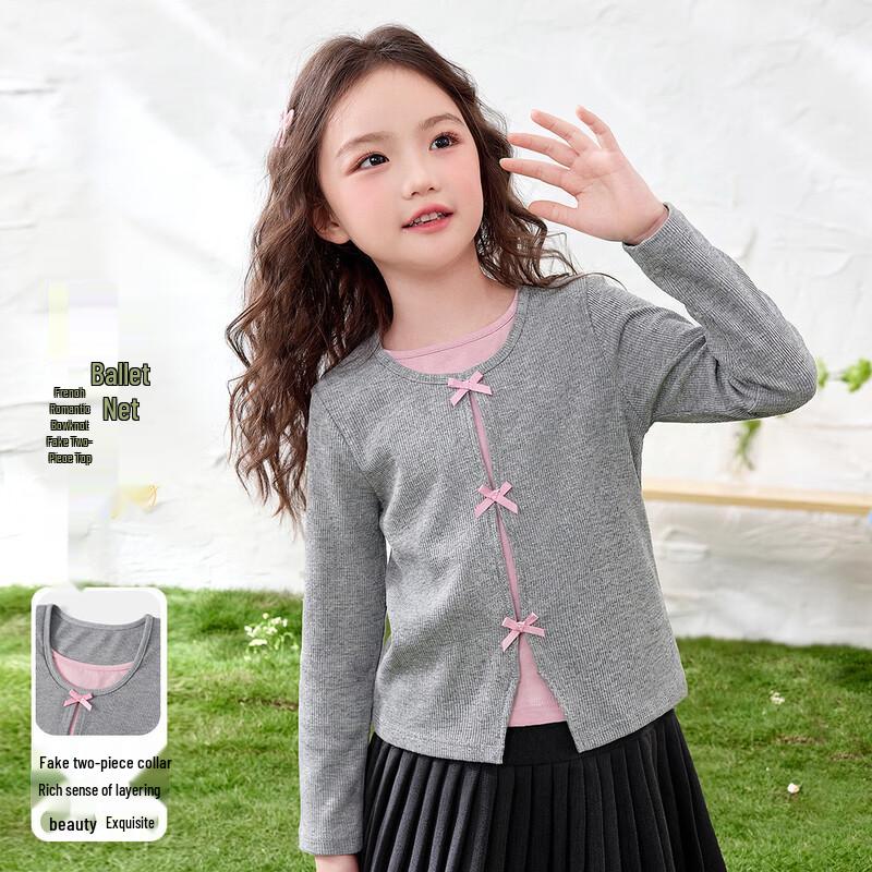 Girls' Long-Sleeve Bowknot Mock-Layer T-Shirt