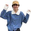 Ladies' Contrasting Striped Cardigan Women's Turn Down Collar Long Sleeved Knitted Sweater Autumn New Loose Casual Top