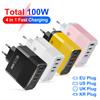 Add 100W 4 Ports TypeC Charger Fast Charging QC3.0 Travel Charger For iPhone Samsung Xiaomi  Wall EU/US/UK/KR Plug Adapter