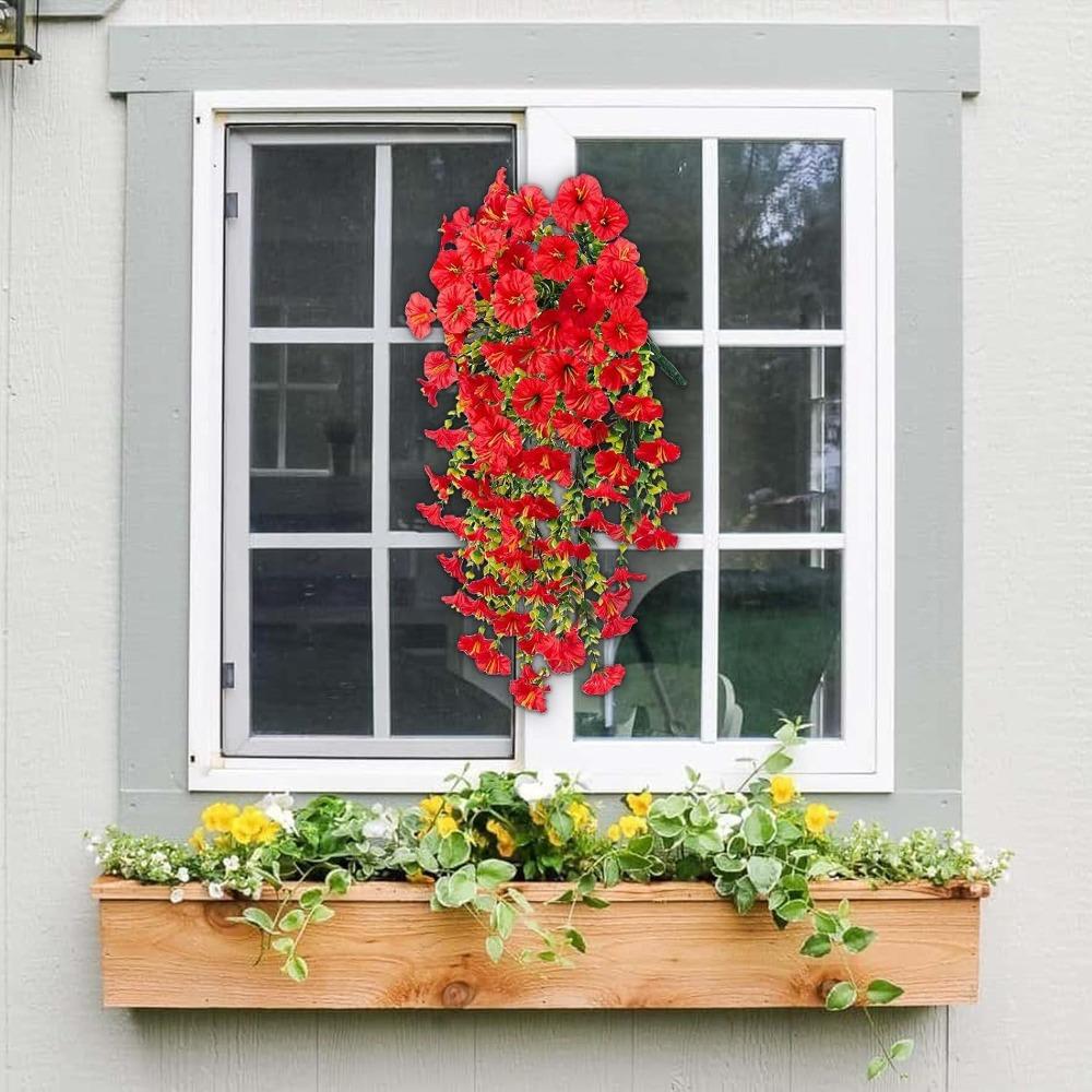 Artificial Hanging Flowers for Outdoors, UV Resistant Hanging Artificial Morning Glory Vine, Silk Morning Glory Fake Flowers with Eucalyptus Leaves