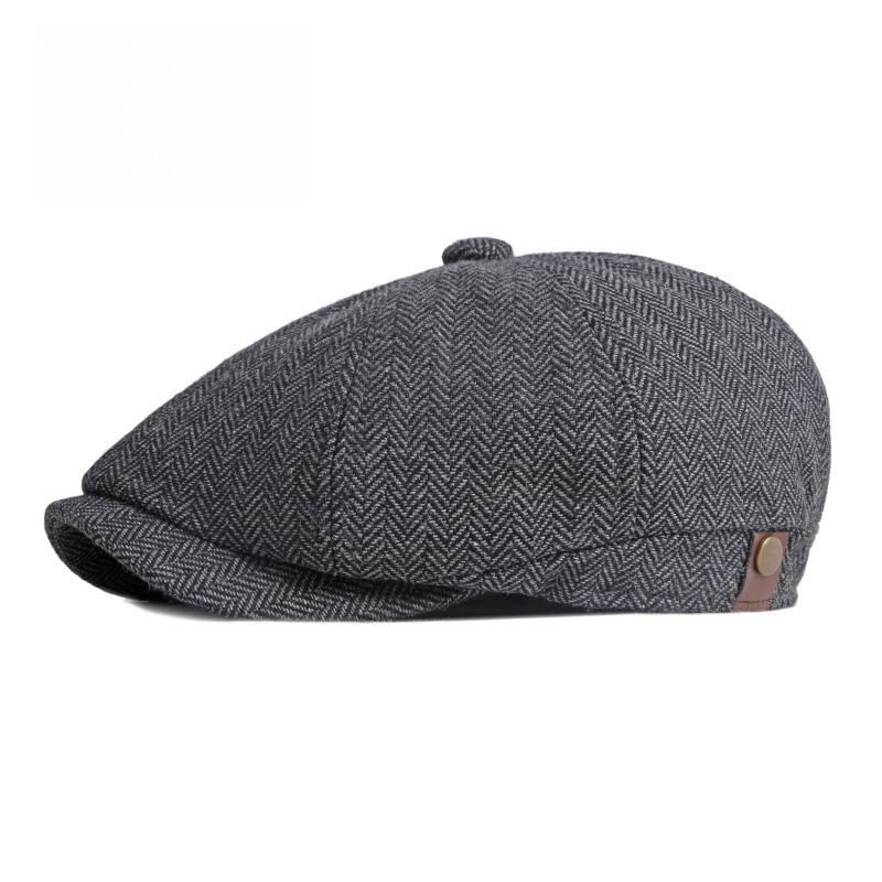 Men Herringbone Newsboy Cap with Leather Detail British Retro Octagonal Baker Boy Hat Spring Autumn Peaked Flat Cap Gatsby Beret