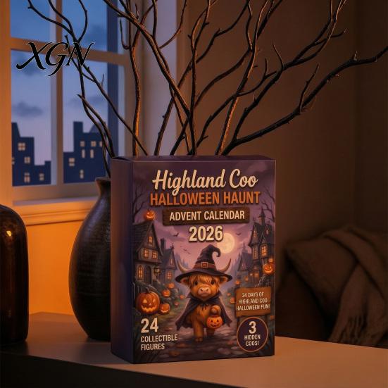 Collectible Highland Cow Figures Halloween Advent Calendar, 24 Days Surprise Countdown Calendar with Desktop Holiday Display Mini Acrylic Ornaments,