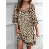 Vintage Casual Leopard Printed Dresses Women Fashion V-neck Mesh Patchwork Dress