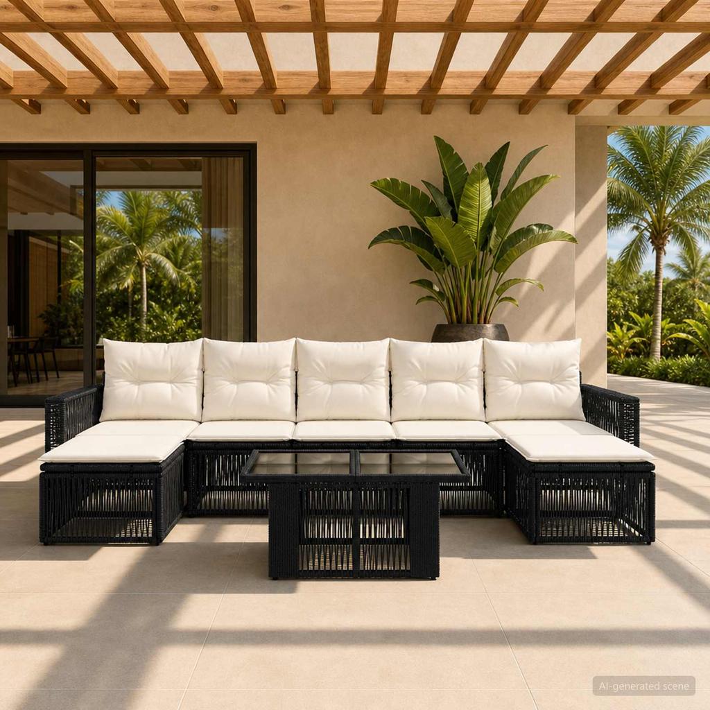 8 Piece Garden Sofa Set Black and Cream White Poly Rattan
